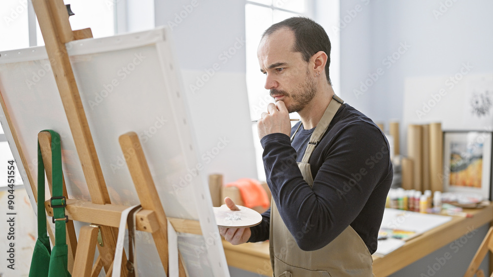 A contemplative bald man with a beard in an art studio, holding a paint palette and pondering over a canvas. A contemplative bald man with a beard in an art studio, holding a paint palette and pondering over a canvas.