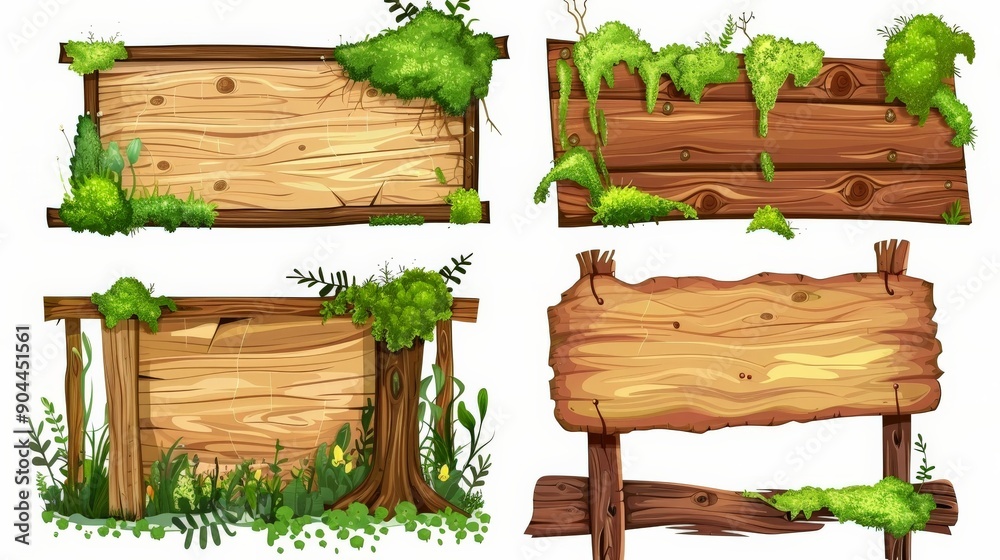 A group of rustic-themed signboards covered in moss and green foliage. These wooden boards provide an aged yet lively look, suitable for outdoor or nature-themed decor. A group of rustic-themed signboards covered in moss and green foliage. These wooden boards provide an aged yet lively look, suitable for outdoor or nature-themed decor.