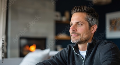 Cozy Indoor Moment With a Man Relaxing by the Fireplace in a Modern Living Room
