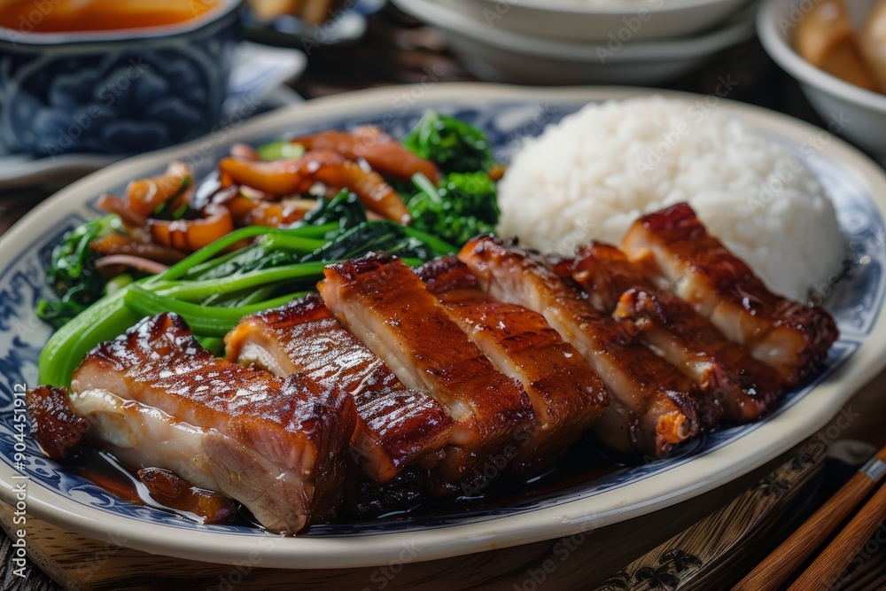 This image shows a close-up of a plate with grilled meat slices, white rice, and cooked vegetables. It highlights the well-prepared, mouth-watering dish in a traditional culinary setting. This image shows a close-up of a plate with grilled meat slices, white rice, and cooked vegetables. It highlights the well-prepared, mouth-watering dish in a traditional culinary setting.