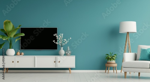 Modern Living Room With Light Blue Walls and White Couch Featuring Fresh Flowers