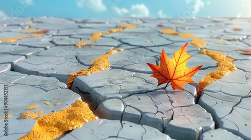   A lone orange leaf rests atop a cracked concrete surface amidst a clear blue sky and fluffy white clouds