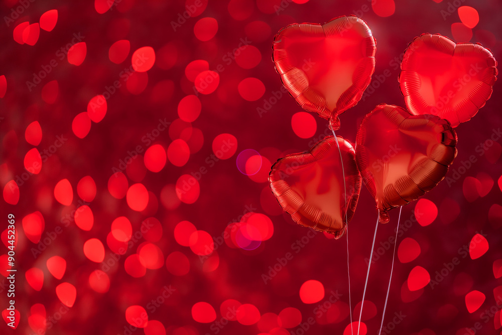 Heart-shaped balloons with red shiny bokeh background, perfect for love and valentine celebrations Heart-shaped balloons with red shiny bokeh background, perfect for love and valentine celebrations