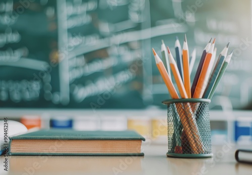 Colorful Pencils in Holder Next to Open Book and Stacked Textbooks in Classroom