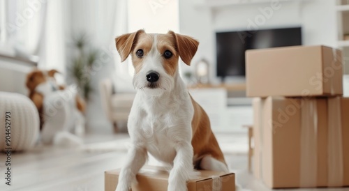 Playful Dog Sitting on Moving Box in Modern Living Room With Cardboard Packages