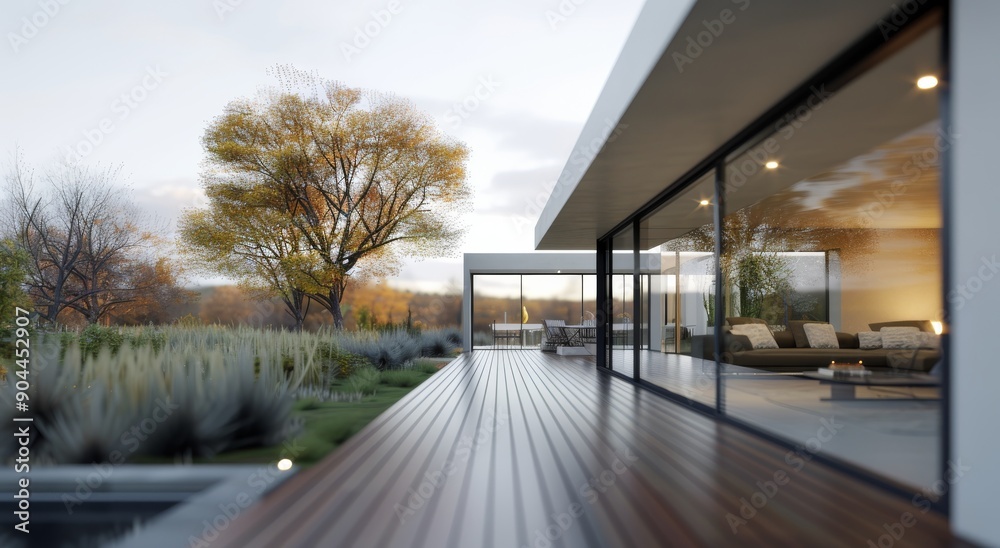 Modern Balcony Overlooking Autumn Landscape at Dusk Modern Balcony Overlooking Autumn Landscape at Dusk