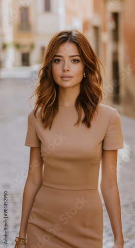 Young Woman With Red Hair Walking on a City Street at Sunset