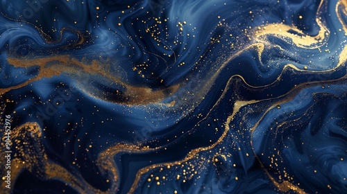 A striking dark blue and golden abstract art piece with a fluid design, featuring mesmerizing swirls and sparkles that create a sense of depth and luxury.