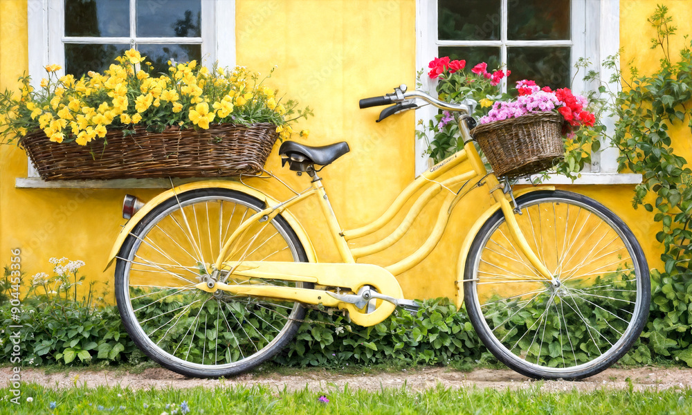 A bright yellow bicycle rests by a quaint cottage adorned with blooming flowers, capturing the essence of springtime in a serene countryside setting. A bright yellow bicycle rests by a quaint cottage adorned with blooming flowers, capturing the essence of springtime in a serene countryside setting.