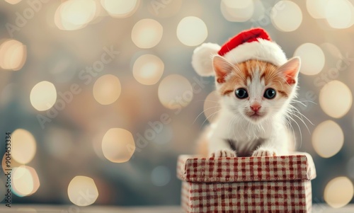 Kitten in Santa Hat With Holiday Lights in Background During Christmas Season