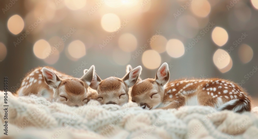 Fawns Sleeping Peacefully on Cozy Blanket in Soft Morning Light Fawns Sleeping Peacefully on Cozy Blanket in Soft Morning Light