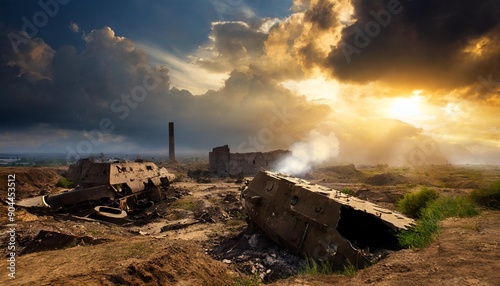Escena apocaliptica futurista ruinas conflicto photo