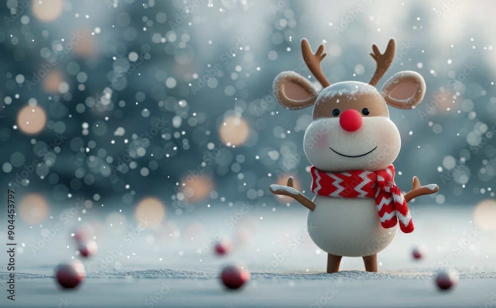 Cheerful Christmas Reindeer Figurine in Snowfall With Holiday Ornaments