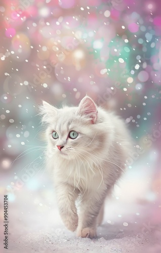 Whimsical Cat Gazing Calmly Amidst Soft Snowfall in a Winter Wonderland