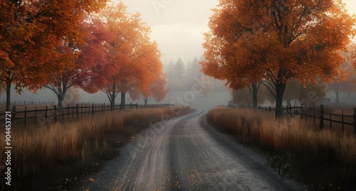 Autumn Pathway Lined With Colorful Trees in Misty Morning Light