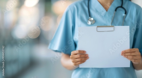 Healthcare Professional Holding Blank Paper in Hospital Corridor During Daytime