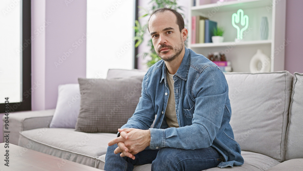 Hispanic bald man with beard in denim sitting thoughtfully on a gray sofa indoors. Hispanic bald man with beard in denim sitting thoughtfully on a gray sofa indoors.