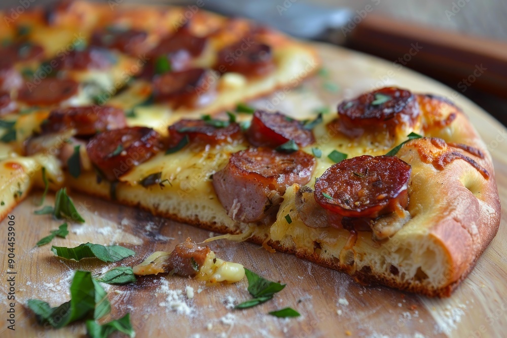 Pizza with spicy sausage and mushrooms resting on a wooden cutting board Pizza with spicy sausage and mushrooms resting on a wooden cutting board