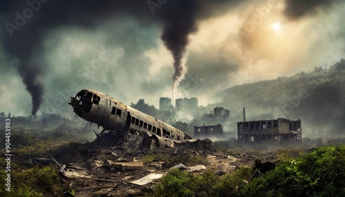 Escena apocaliptica futurista ruinas conflicto