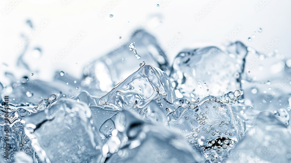 Ice cubes in close-up with water splashing on top and bottom Ice cubes in close-up with water splashing on top and bottom