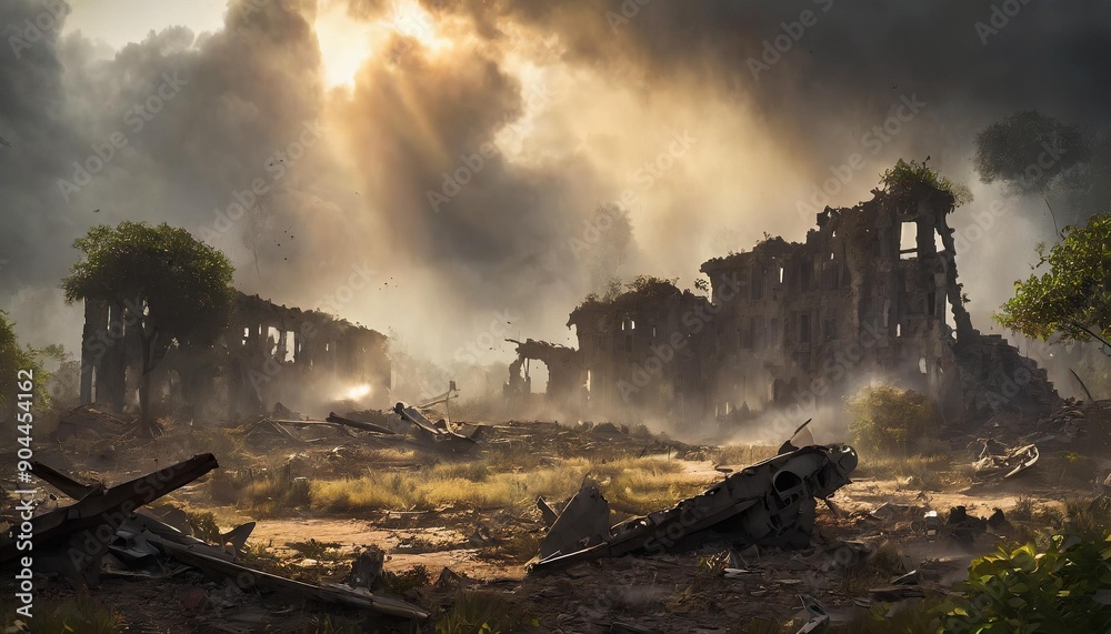 Fototapeta premium Escena apocaliptica futurista ruinas conflicto