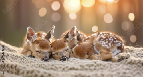 Fawns Sleeping Peacefully on Cozy Blanket in Soft Morning Light