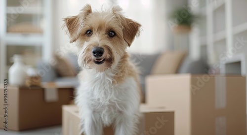 Playful Dog Sitting on Moving Box in Modern Living Room With Cardboard Packages