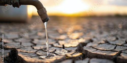 Water Dripping From Tap Amidst Cracked Ground at Sunset