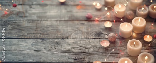 Candles and Decorative Ornaments on Rustic Wooden Table During Evening
