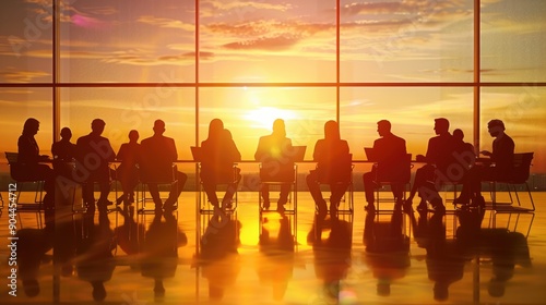 Group of people gathered around a table with a view, possibly used for team meeting or office setting