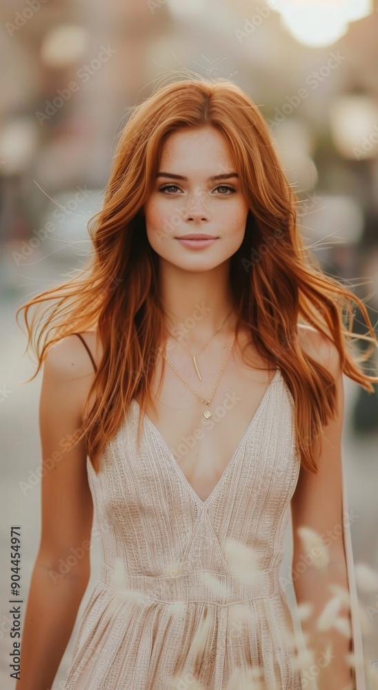 Fototapeta premium Young Woman With Red Hair Walking on a City Street at Sunset