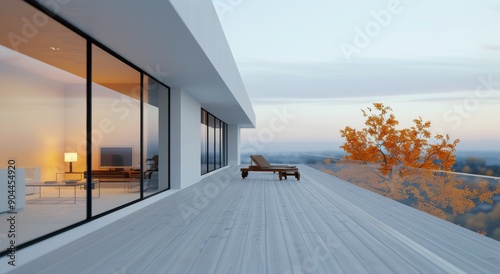Modern Balcony Overlooking Autumn Landscape at Dusk