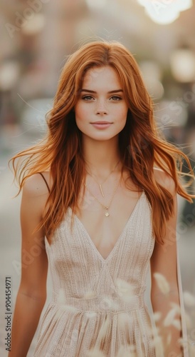 Young Woman With Red Hair Walking on a City Street at Sunset