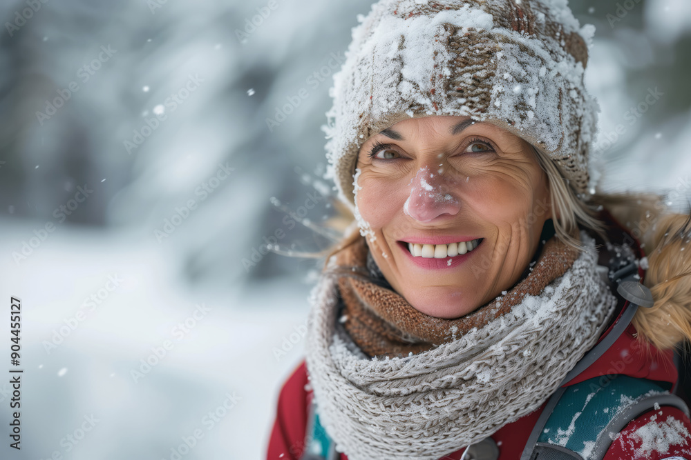 Enchanting Winter Afternoon of a Vibrant Senior Woman Enjoying Cross Country Skiing in a Snow-Covered Forest Enchanting Winter Afternoon of a Vibrant Senior Woman Enjoying Cross Country Skiing in a Snow-Covered Forest