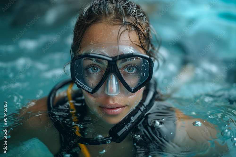 Fototapeta premium Captivating Young Woman Engaging in Scuba Diving Lessons in Clear Blue Waters