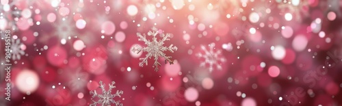 Snowflakes Falling Amidst Shimmering Red Background During Winter Season