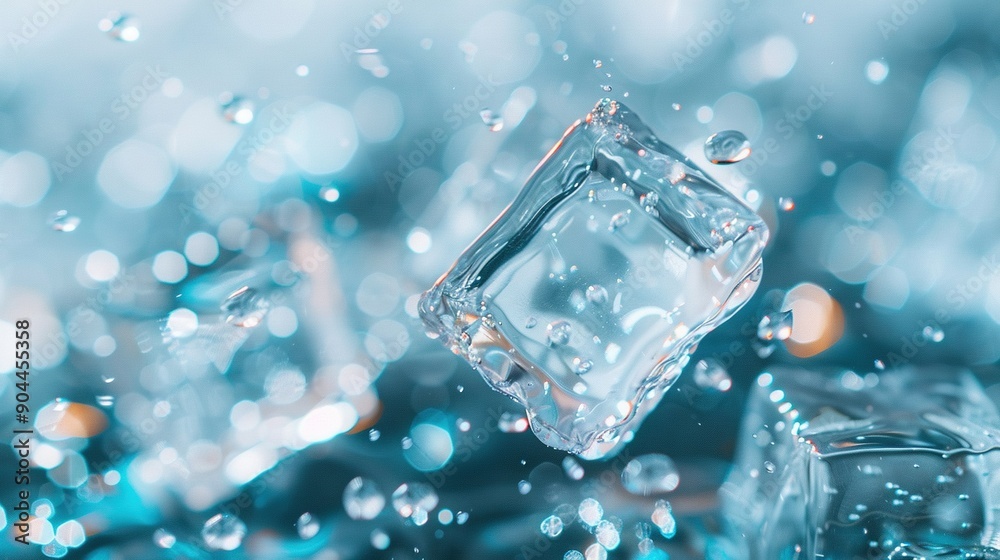 An ice cube afloat atop a mound of ice cubes, adorned with droplets of water An ice cube afloat atop a mound of ice cubes, adorned with droplets of water