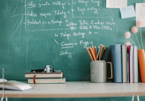 Classroom Desk With Books and Colorful Pencils in Front of Chalkboard