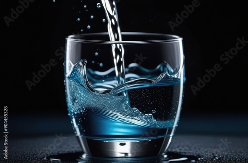 water is poured into glass, splash, free space, blue, dark, atmospheric.