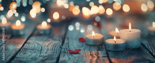Candles and Decorative Ornaments on Rustic Wooden Table During Evening