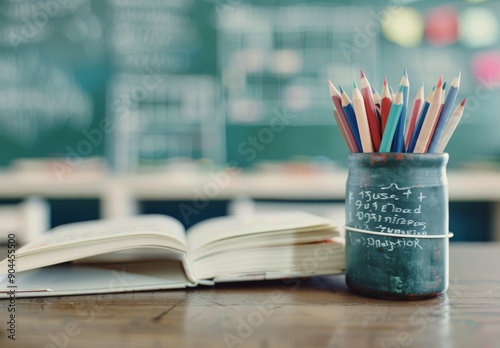 Colorful Pencils in Holder Next to Open Book and Stacked Textbooks in Classroom