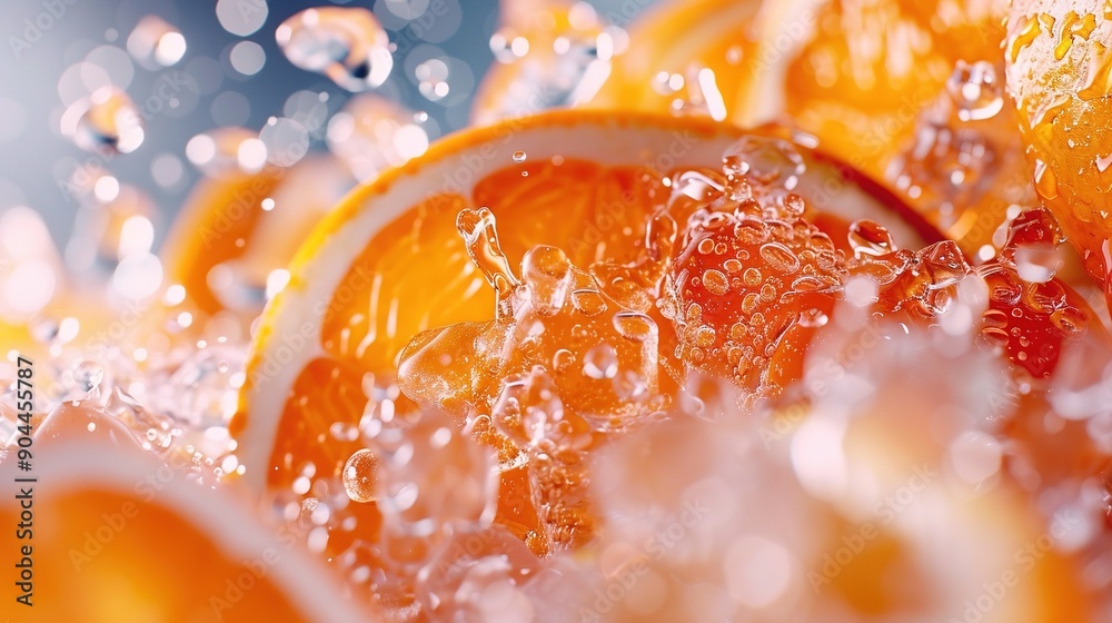 A photo of close-up orange slices with water droplets on top A photo of close-up orange slices with water droplets on top