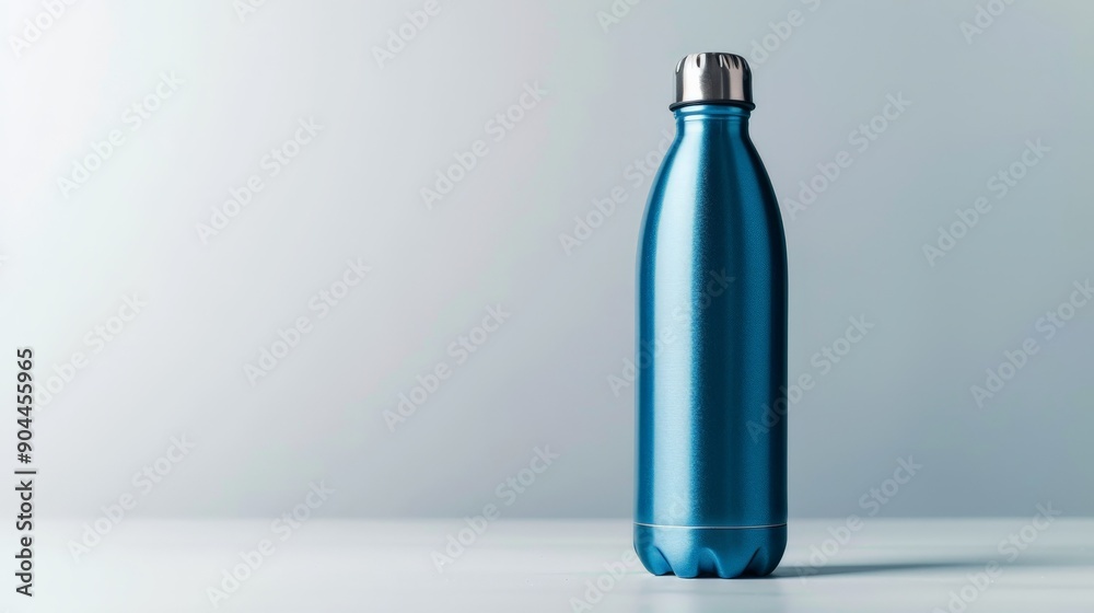 A shiny stainless steel water bottle with a sleek design, prominently placed on a table, exemplifying modern minimalism and functionality in everyday objects. A shiny stainless steel water bottle with a sleek design, prominently placed on a table, exemplifying modern minimalism and functionality in everyday objects.