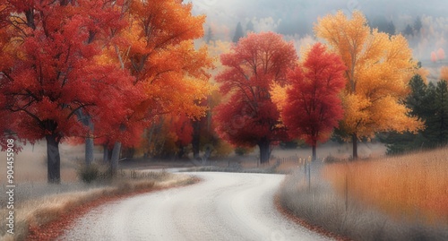 Autumn Pathway Lined With Colorful Trees in Misty Morning Light