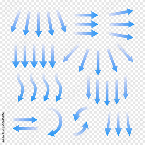 Air flow. Set of blue arrows showing direction of air movement. Wind direction arrows. Blue cold fresh stream from the conditioner. Vector illustration isolated on transparent background