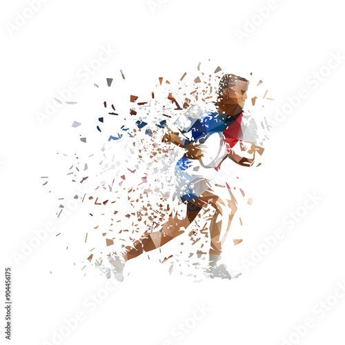 Rugby logo, running rugby player with ball, low poly isolated vector illustration