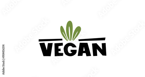 Vector illustration of a 'Vegan' label with bold typography and a green leaf symbol. Ideal for vegan products, plant-based branding, and eco-friendly designs