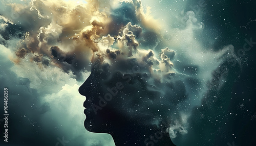 Silhouette of a profile head blended with clouds and stars, depicting a surreal dreamlike state and the concept of imagination. © Steven