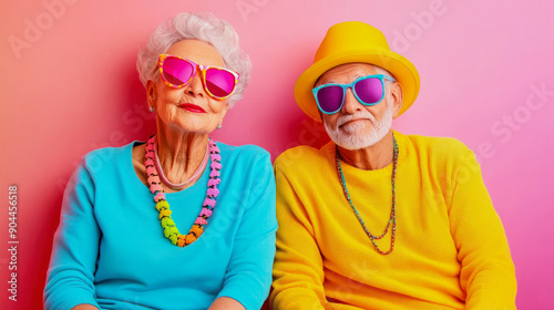 elderly couple with garishly colored clothes and jewelry in front of a pink background