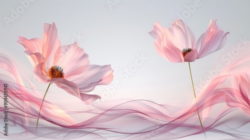   A pair of pink blossoms resting together on a soft blue backdrop with a pink waterwave centering the photo photo